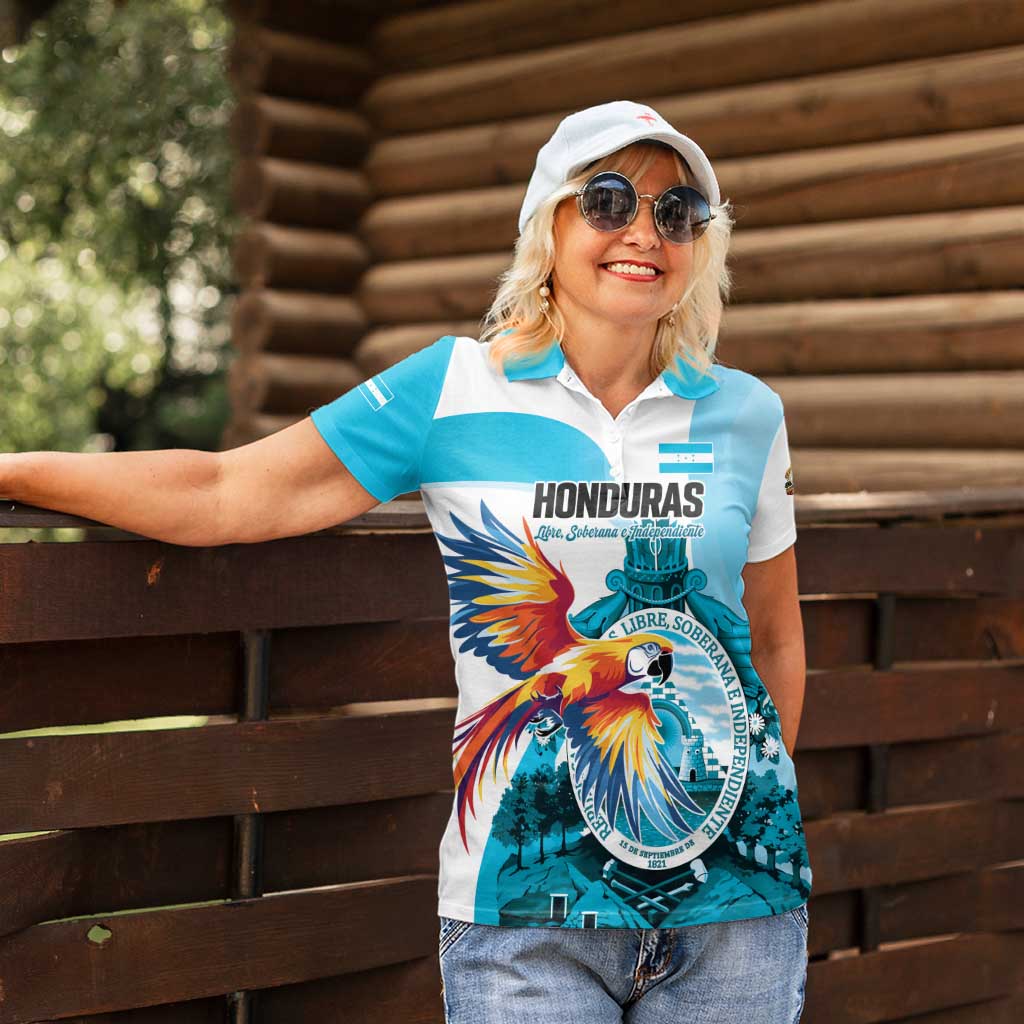 Personalized Honduras 1821 Women Polo Shirt Scarlet Macaw Sky Blue Color - Wonder Print Shop