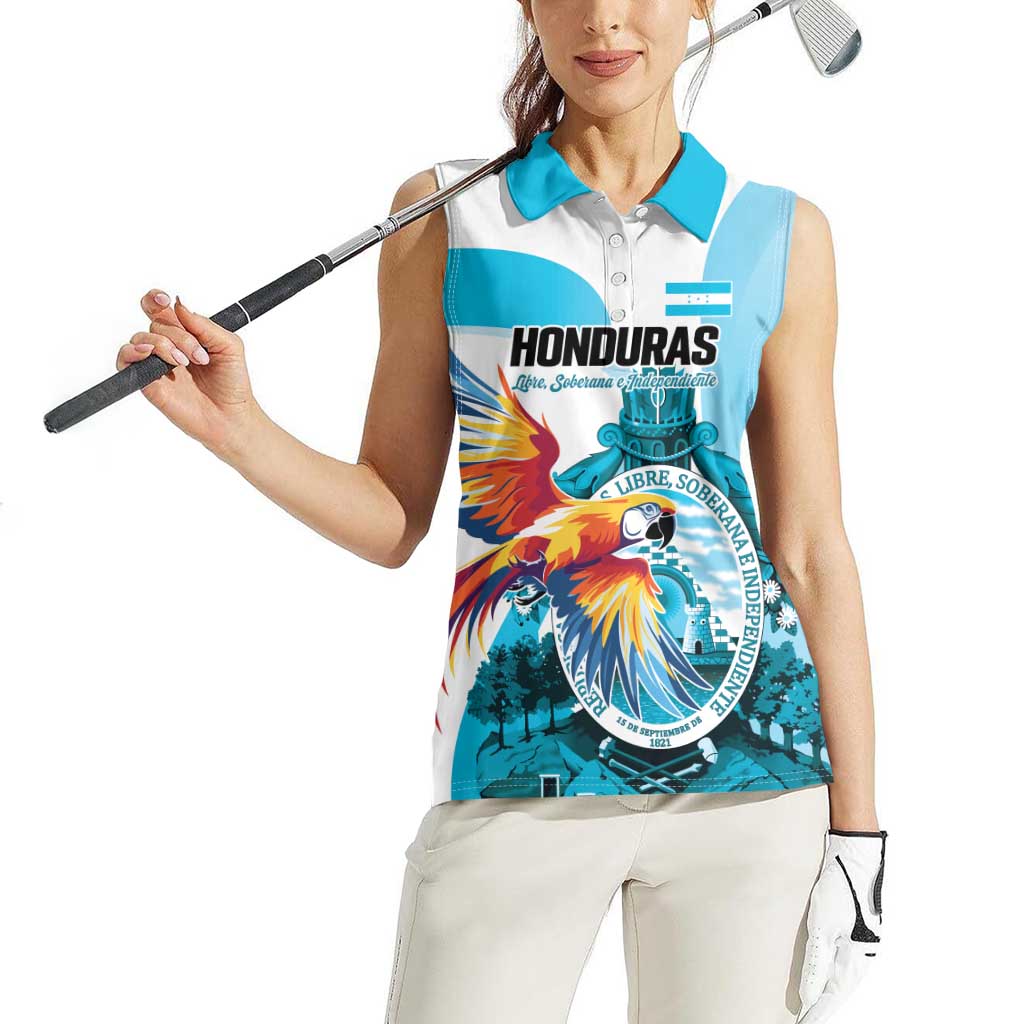 Personalized Honduras 1821 Women Sleeveless Polo Shirt Scarlet Macaw Sky Blue Color - Wonder Print Shop