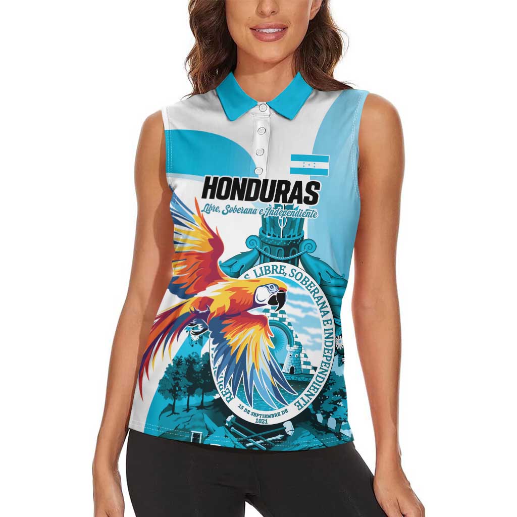 Personalized Honduras 1821 Women Sleeveless Polo Shirt Scarlet Macaw Sky Blue Color - Wonder Print Shop