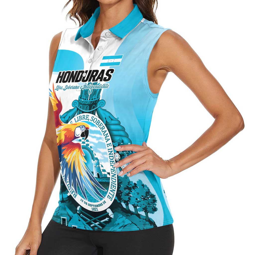 Personalized Honduras 1821 Women Sleeveless Polo Shirt Scarlet Macaw Sky Blue Color - Wonder Print Shop