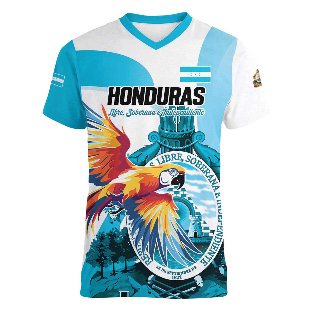 Personalized Honduras 1821 Women V-Neck T-Shirt Scarlet Macaw Sky Blue Color - Wonder Print Shop