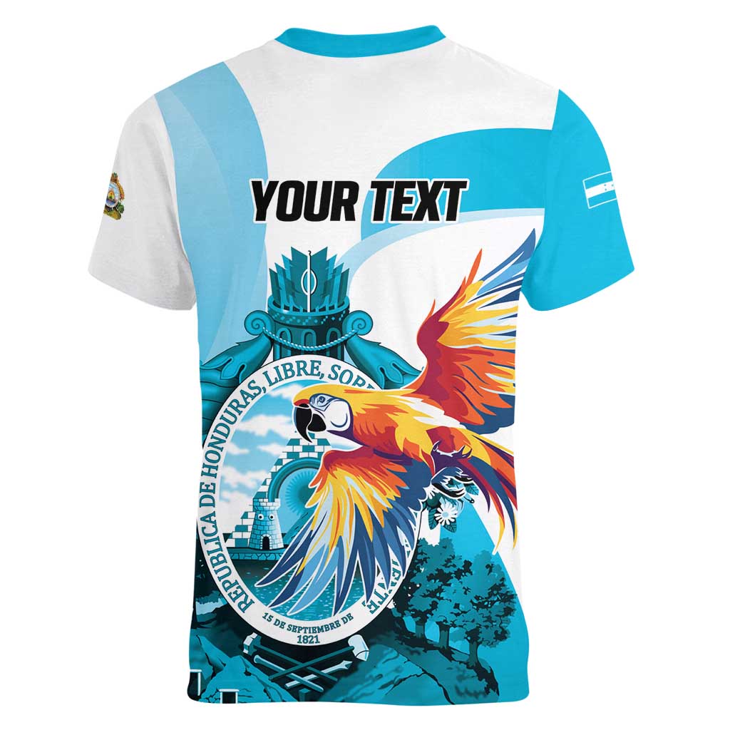 Personalized Honduras 1821 Women V-Neck T-Shirt Scarlet Macaw Sky Blue Color - Wonder Print Shop