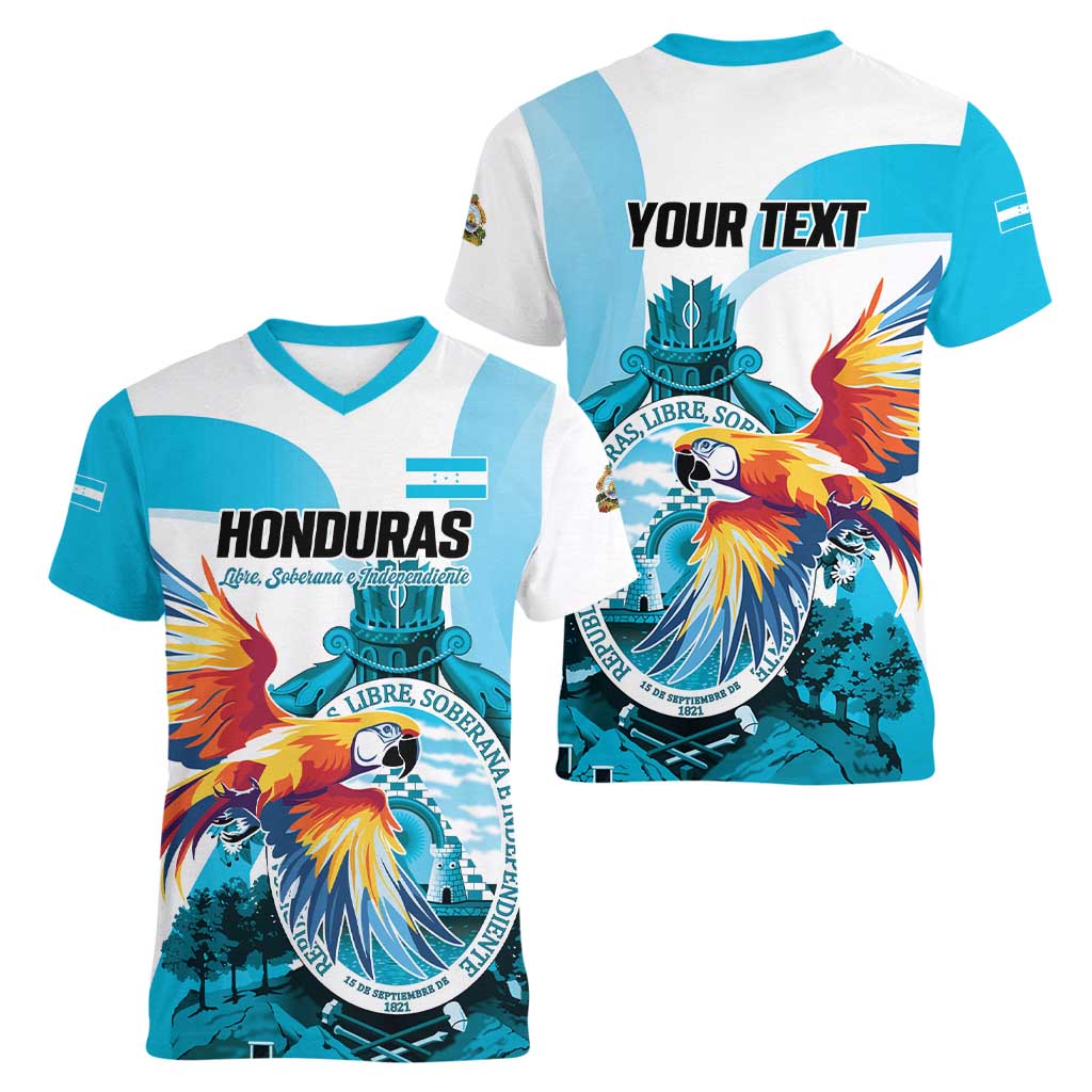 Personalized Honduras 1821 Women V-Neck T-Shirt Scarlet Macaw Sky Blue Color - Wonder Print Shop