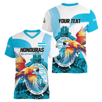 Personalized Honduras 1821 Women V-Neck T-Shirt Scarlet Macaw Sky Blue Color - Wonder Print Shop