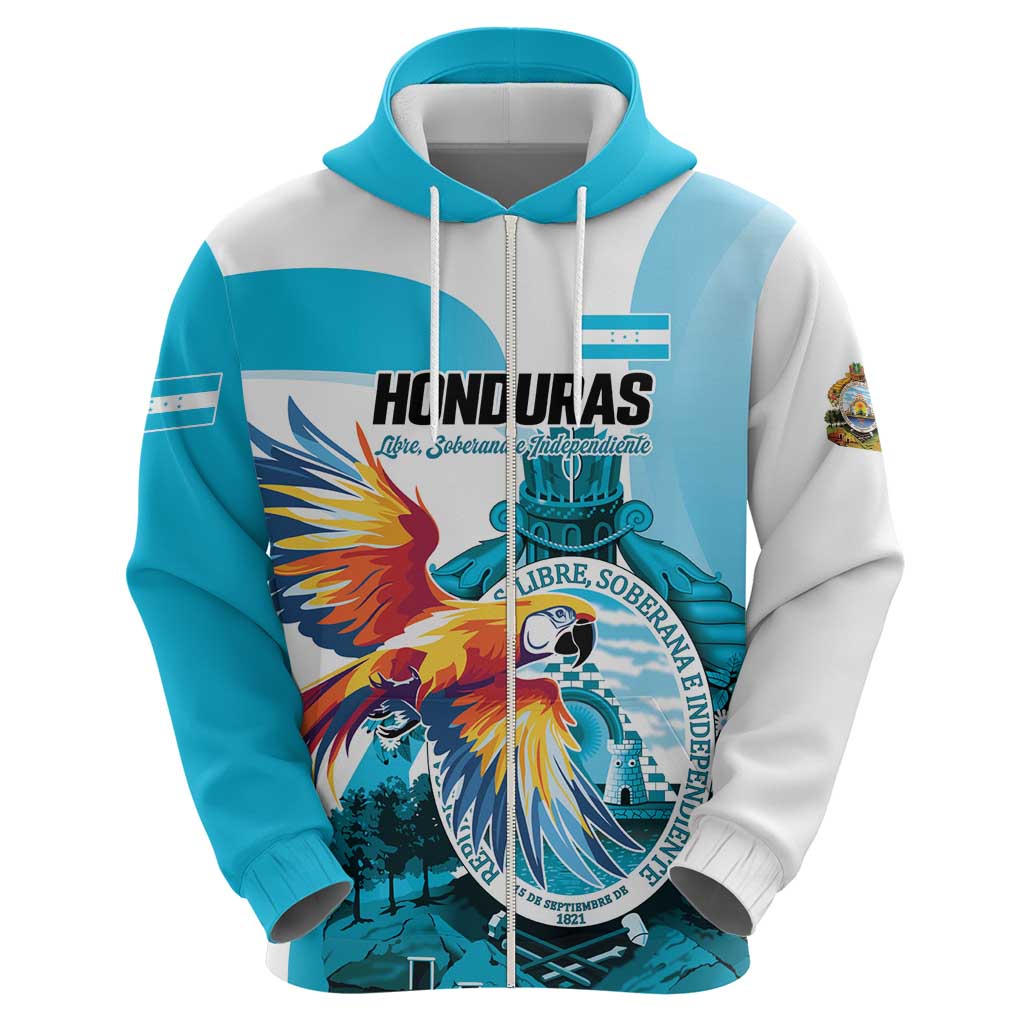 Personalized Honduras 1821 Zip Hoodie Scarlet Macaw Sky Blue Color - Wonder Print Shop
