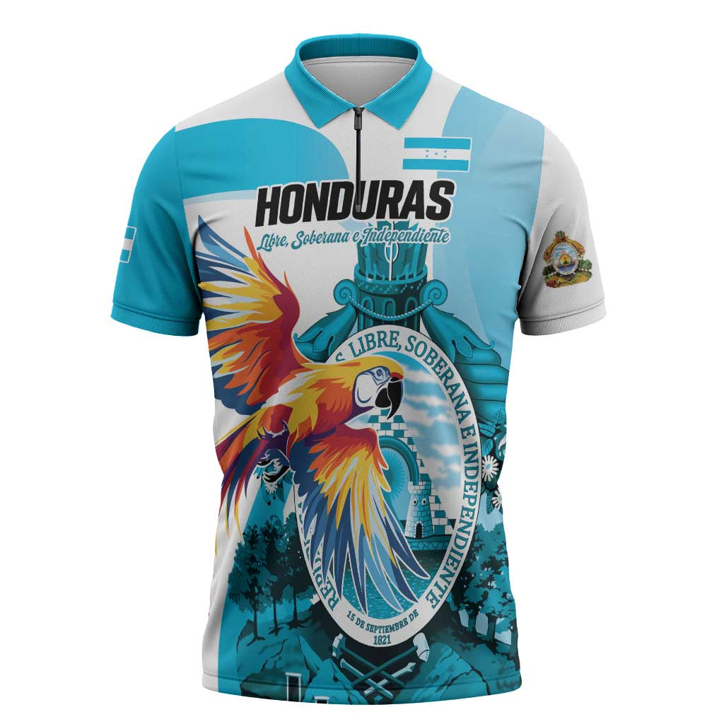 Personalized Honduras 1821 Zipper Polo Shirt Scarlet Macaw Sky Blue Color - Wonder Print Shop