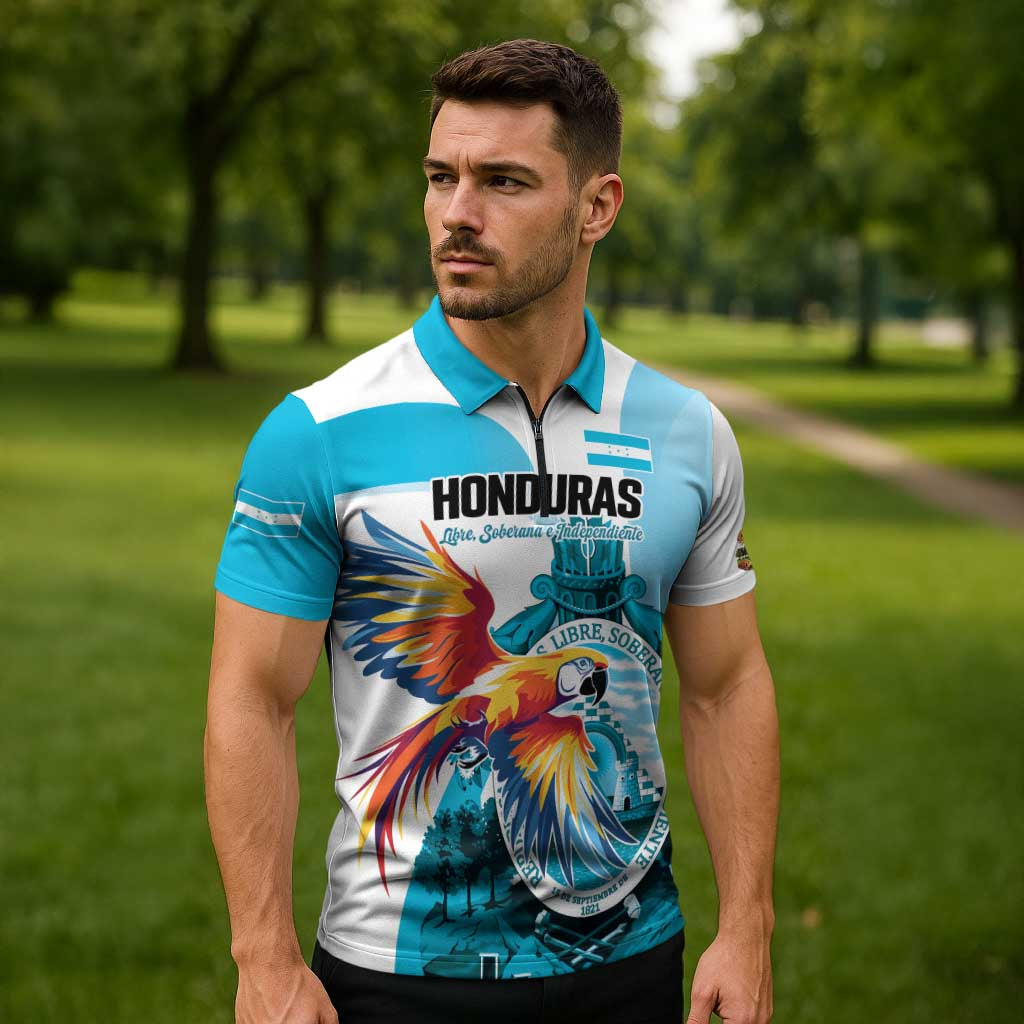 Personalized Honduras 1821 Zipper Polo Shirt Scarlet Macaw Sky Blue Color - Wonder Print Shop