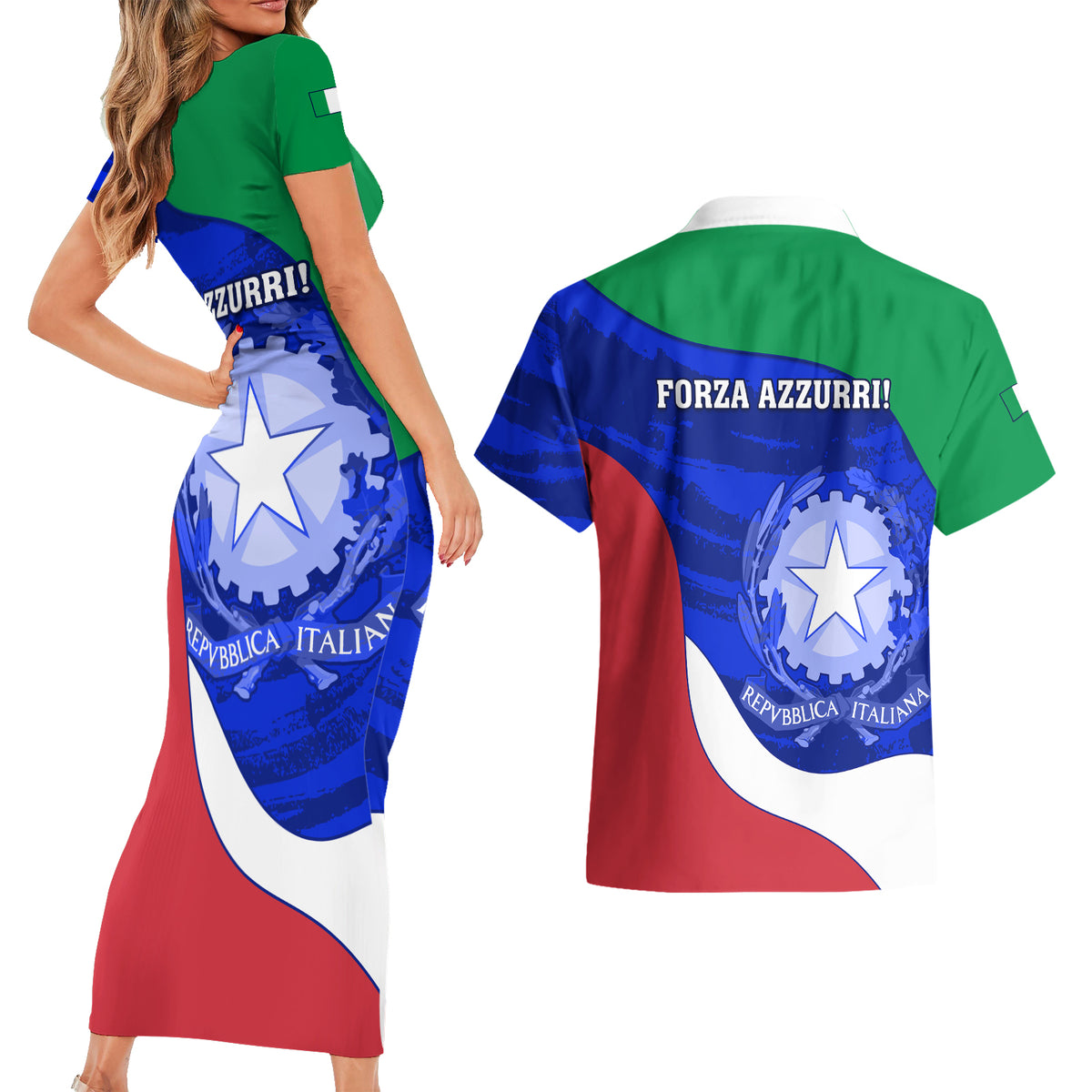 Italy Rugby Couples Matching Short Sleeve Bodycon Dress and Hawaiian Shirt Forza Azzurri 2023 World Cup - Wonder Print Shop