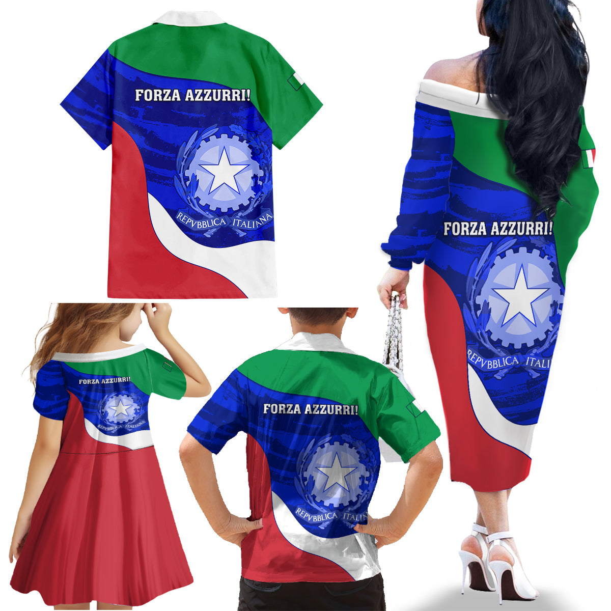 Italy Rugby Family Matching Off Shoulder Long Sleeve Dress and Hawaiian Shirt Forza Azzurri 2023 World Cup - Wonder Print Shop