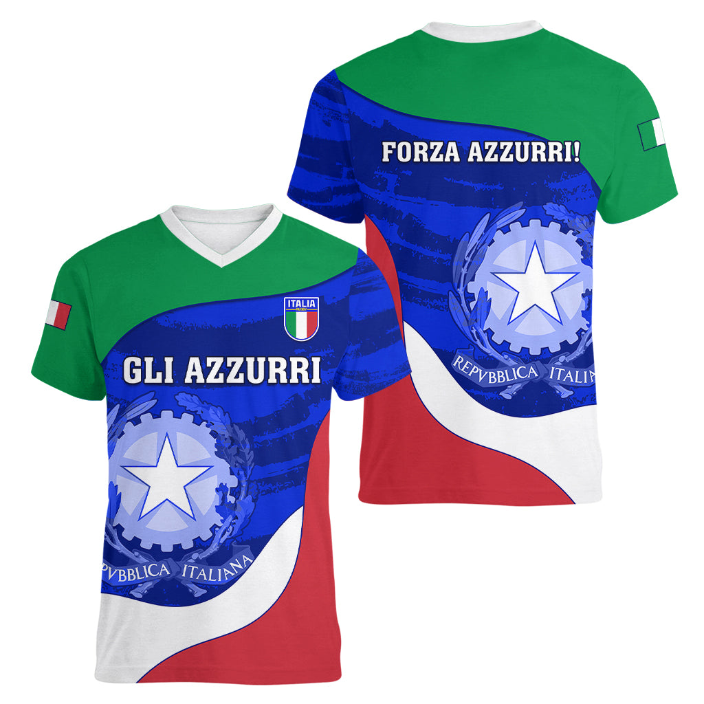 Italy Rugby Women V Neck T Shirt Forza Azzurri 2023 World Cup - Wonder Print Shop