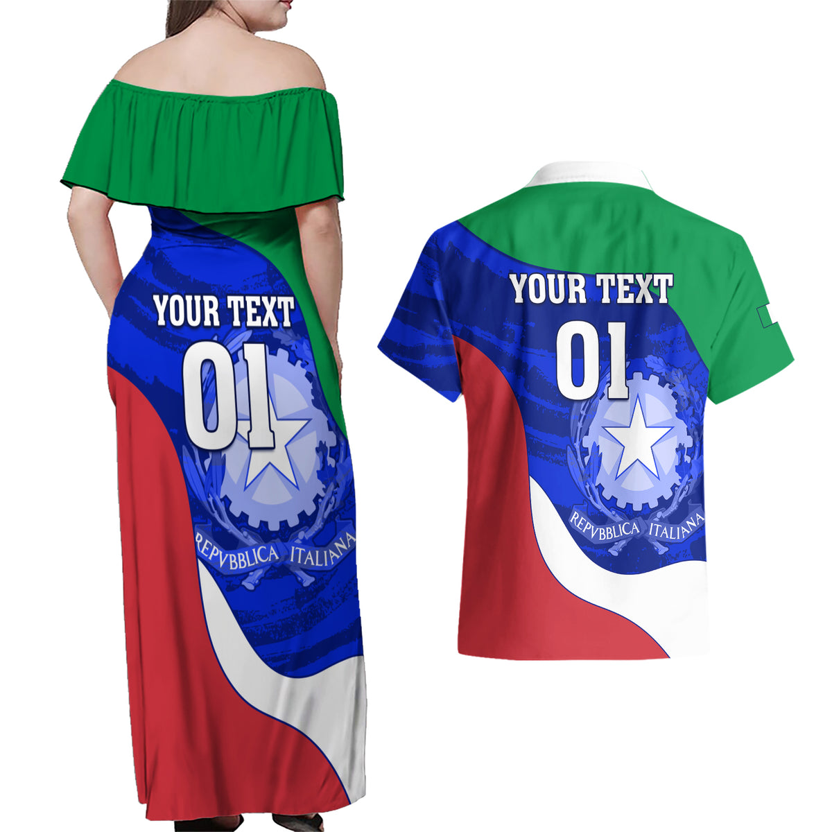 Custom Italy Rugby Couples Matching Off Shoulder Maxi Dress and Hawaiian Shirt Forza Azzurri 2023 World Cup - Wonder Print Shop