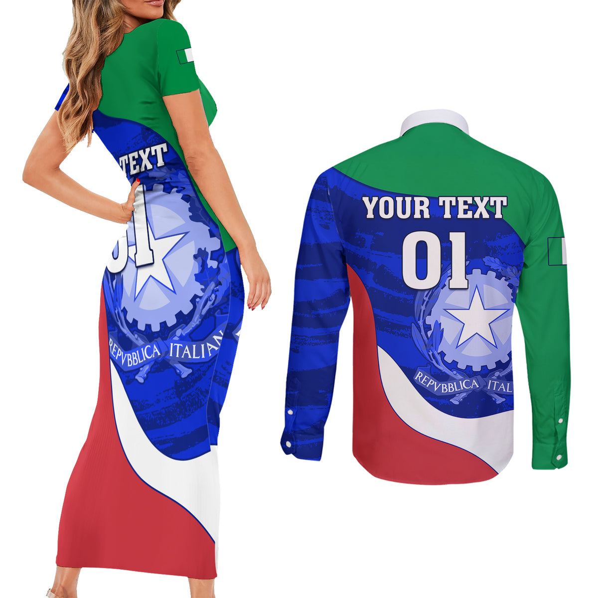 Custom Italy Rugby Couples Matching Short Sleeve Bodycon Dress and Long Sleeve Button Shirts Forza Azzurri 2023 World Cup - Wonder Print Shop