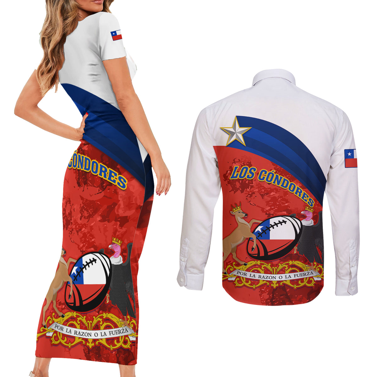 Chile Rugby Couples Matching Short Sleeve Bodycon Dress and Long Sleeve Button Shirts The Condors Go 2023 World Cup - Wonder Print Shop