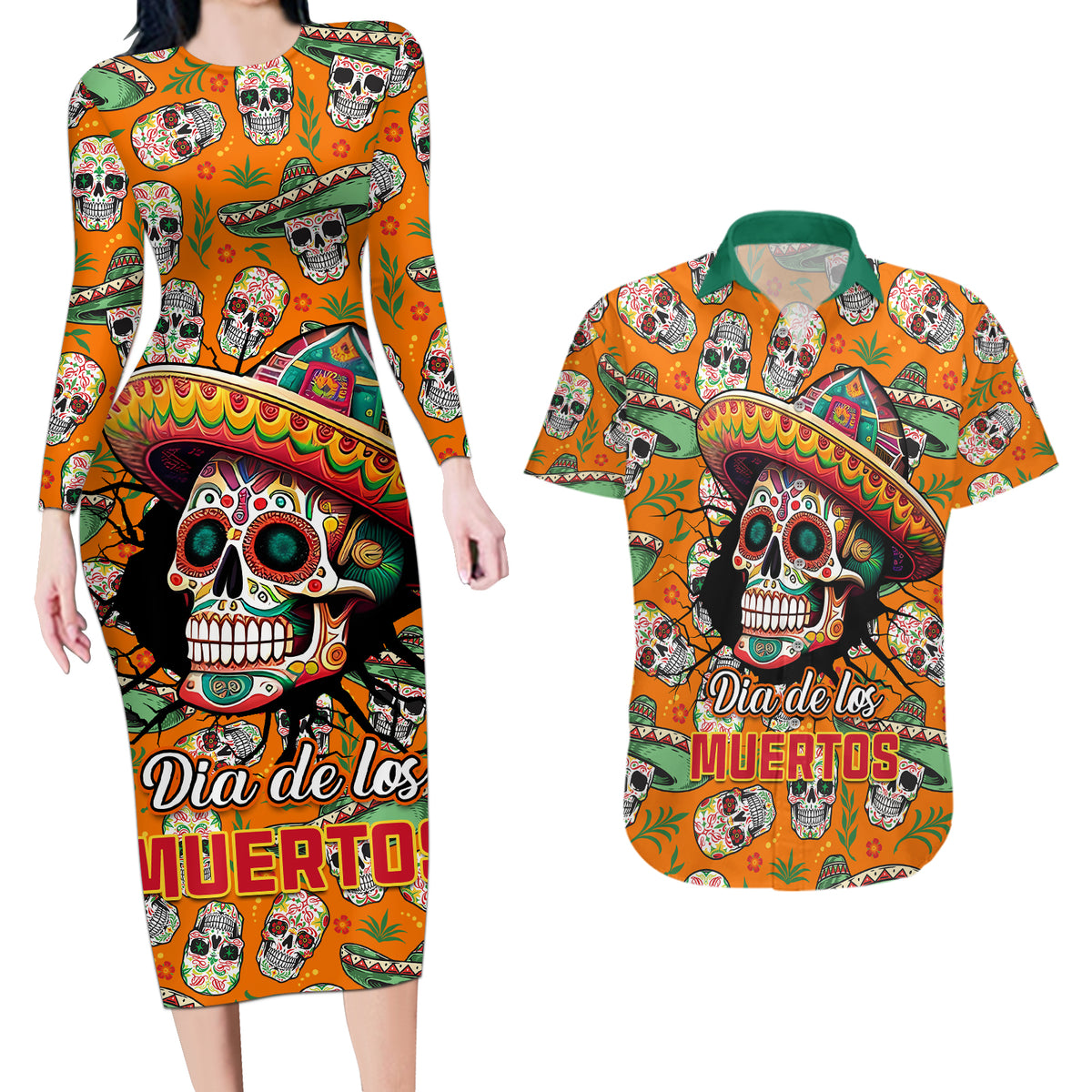 Personalised Day Of The Dead Couples Matching Long Sleeve Bodycon Dress and Hawaiian Shirt Sugar Skull Dia de los Muertos - Wonder Print Shop