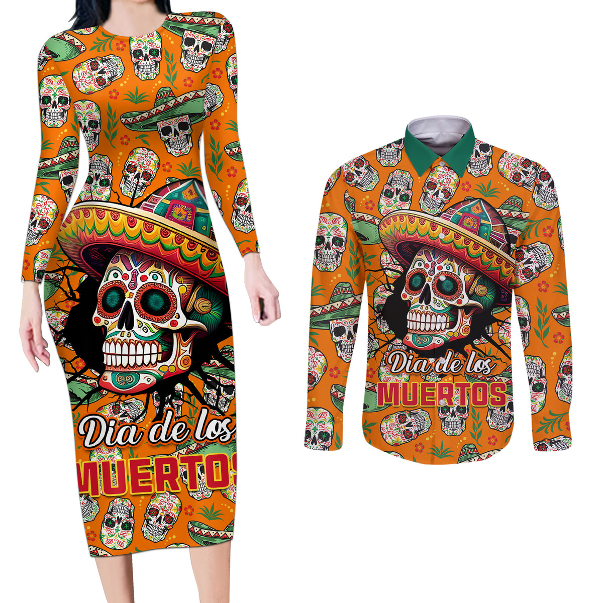 Personalised Day Of The Dead Couples Matching Long Sleeve Bodycon Dress and Long Sleeve Button Shirts Sugar Skull Dia de los Muertos - Wonder Print Shop