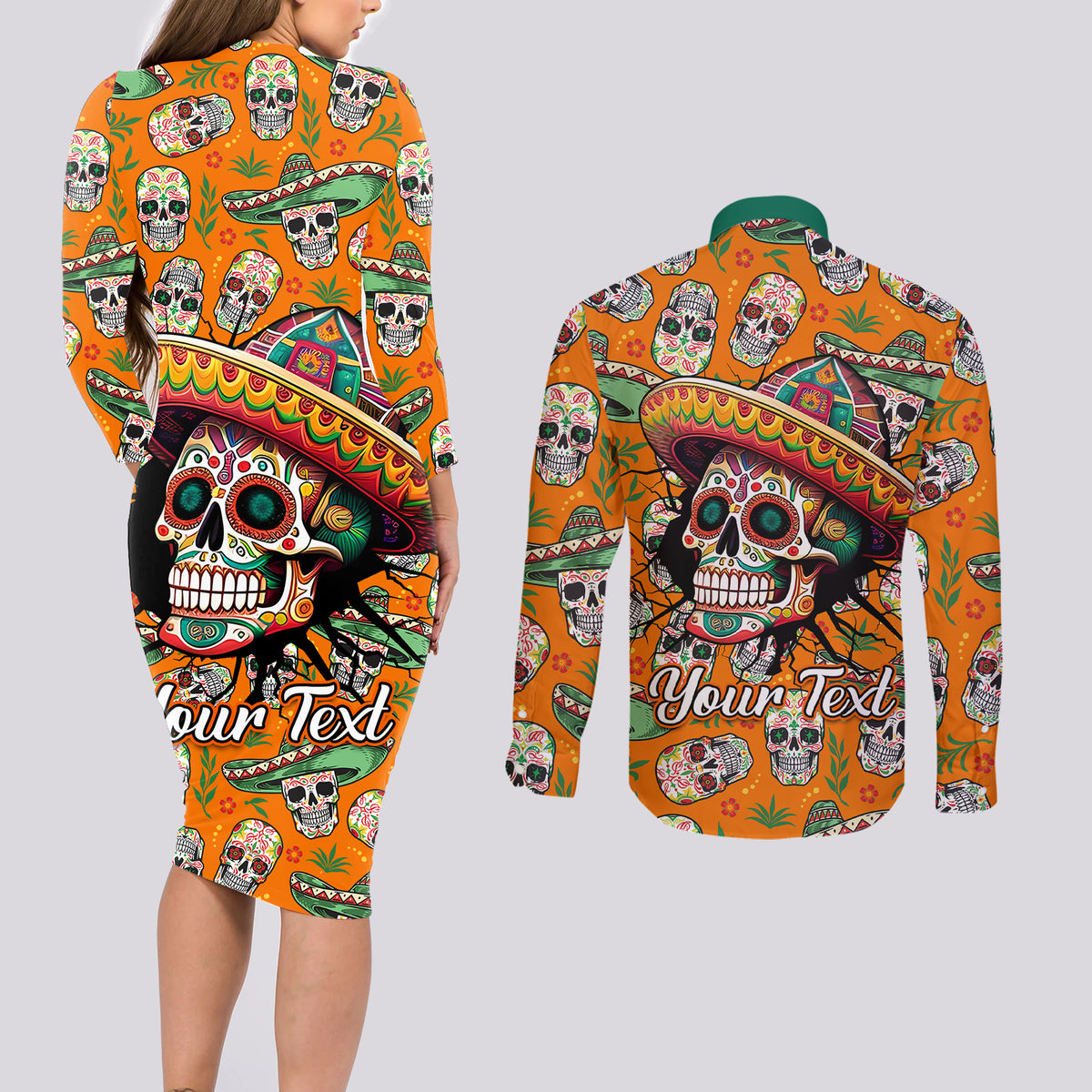 Personalised Day Of The Dead Couples Matching Long Sleeve Bodycon Dress and Long Sleeve Button Shirts Sugar Skull Dia de los Muertos - Wonder Print Shop