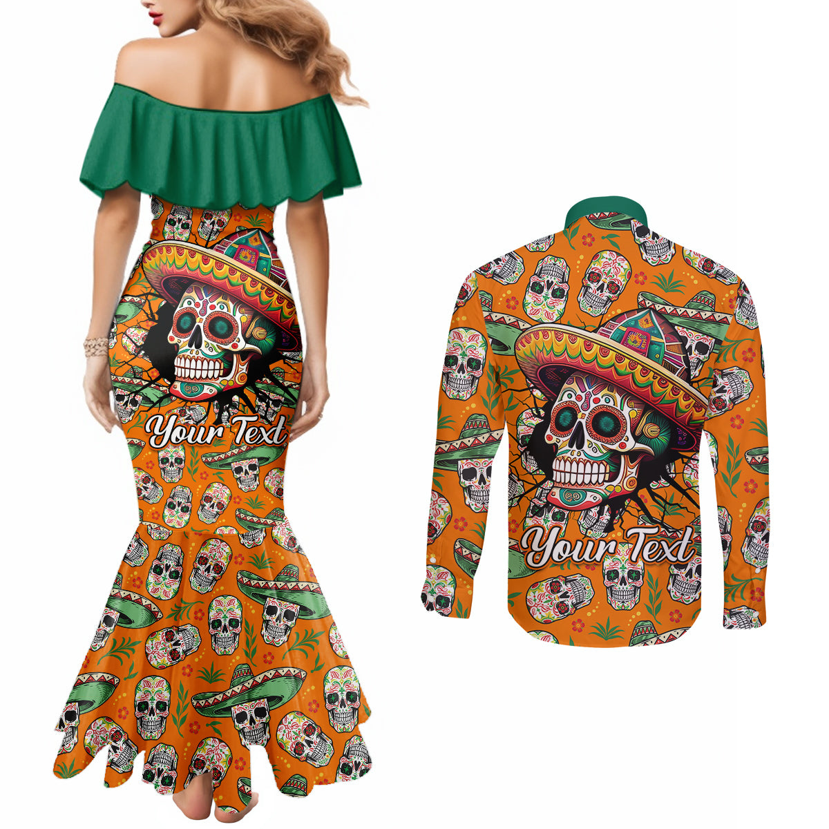 personalised-day-of-the-dead-couples-matching-mermaid-dress-and-long-sleeve-button-shirts-sugar-skull-dia-de-los-muertos