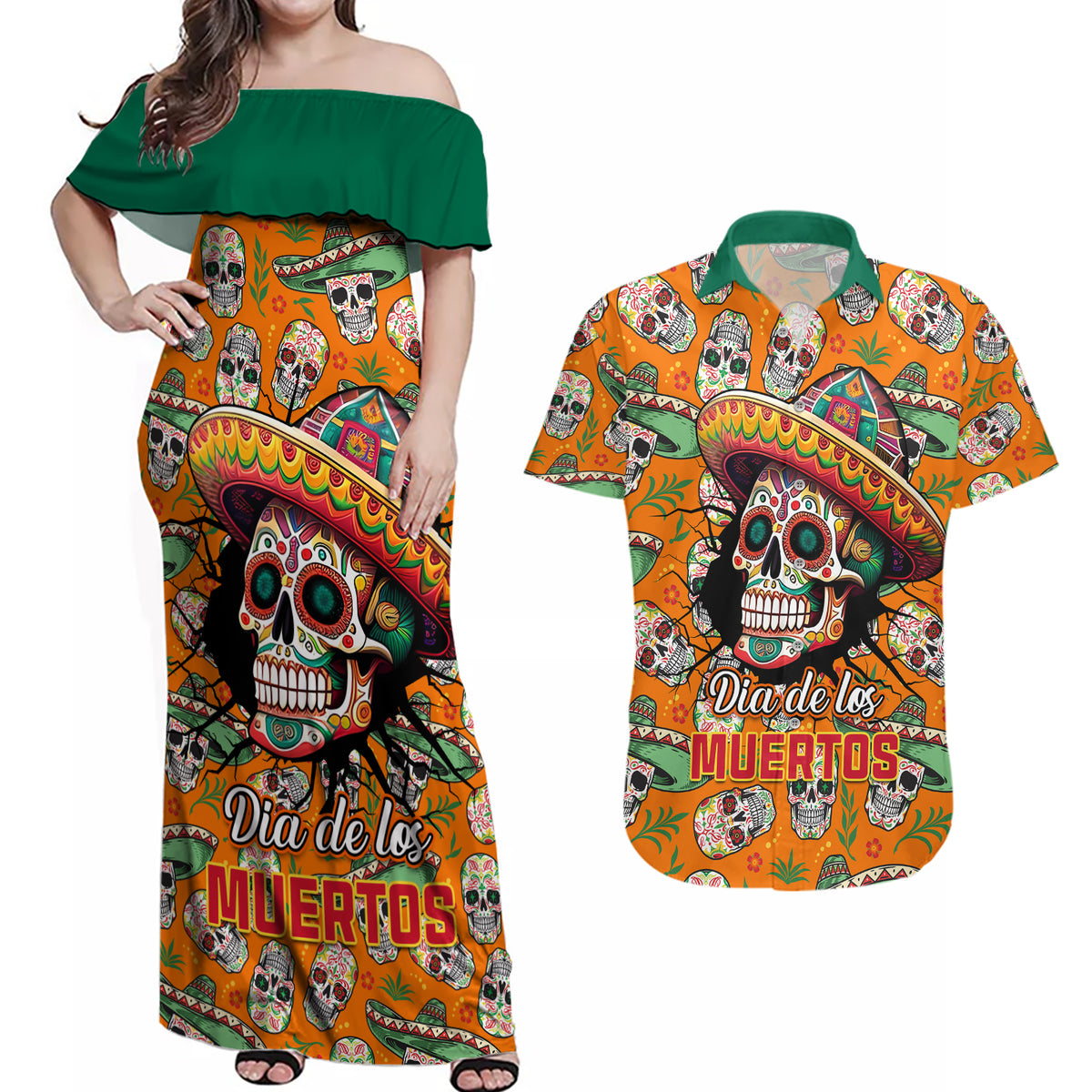 Personalised Day Of The Dead Couples Matching Off Shoulder Maxi Dress and Hawaiian Shirt Sugar Skull Dia de los Muertos - Wonder Print Shop