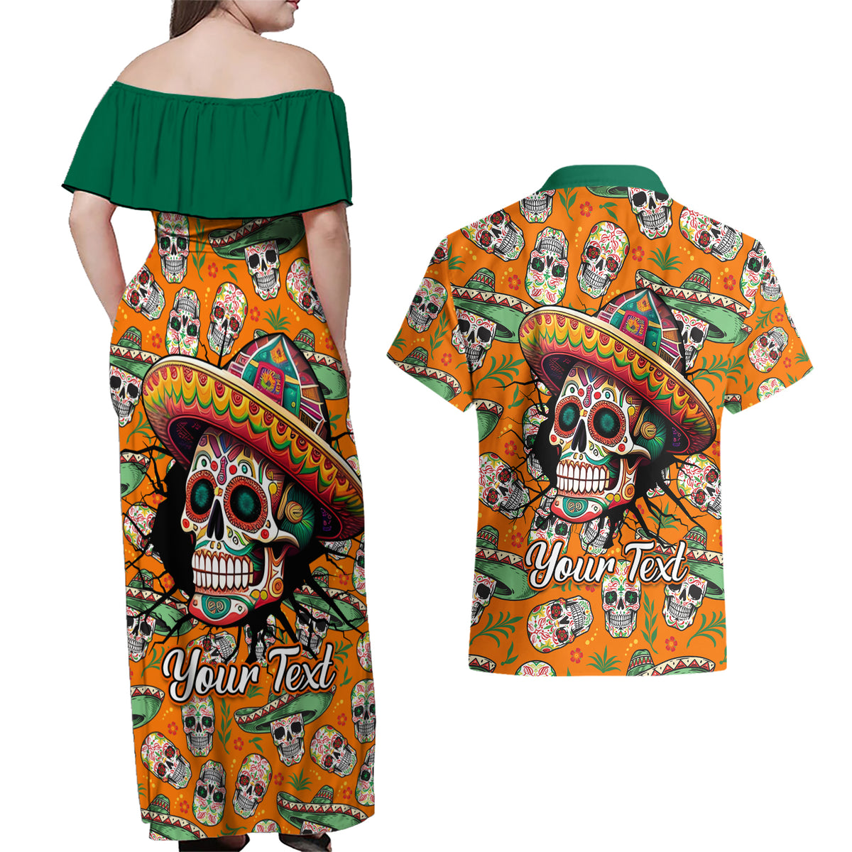 Personalised Day Of The Dead Couples Matching Off Shoulder Maxi Dress and Hawaiian Shirt Sugar Skull Dia de los Muertos - Wonder Print Shop
