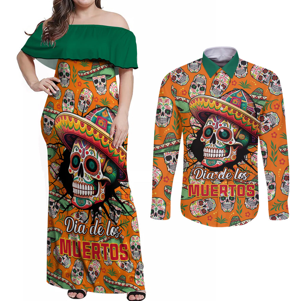 Personalised Day Of The Dead Couples Matching Off Shoulder Maxi Dress and Long Sleeve Button Shirts Sugar Skull Dia de los Muertos - Wonder Print Shop