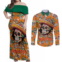 Personalised Day Of The Dead Couples Matching Off Shoulder Maxi Dress and Long Sleeve Button Shirts Sugar Skull Dia de los Muertos - Wonder Print Shop
