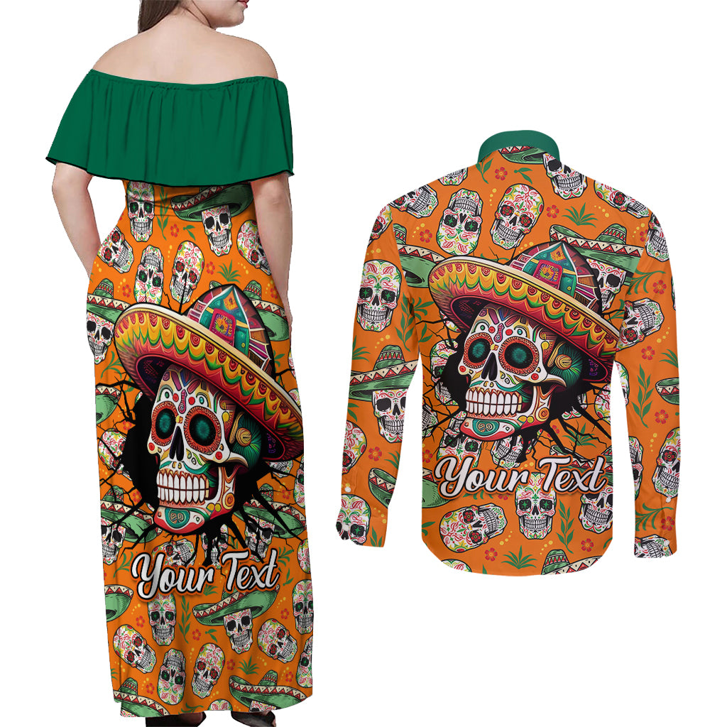 Personalised Day Of The Dead Couples Matching Off Shoulder Maxi Dress and Long Sleeve Button Shirts Sugar Skull Dia de los Muertos - Wonder Print Shop
