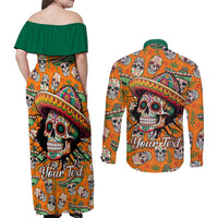 Personalised Day Of The Dead Couples Matching Off Shoulder Maxi Dress and Long Sleeve Button Shirts Sugar Skull Dia de los Muertos - Wonder Print Shop