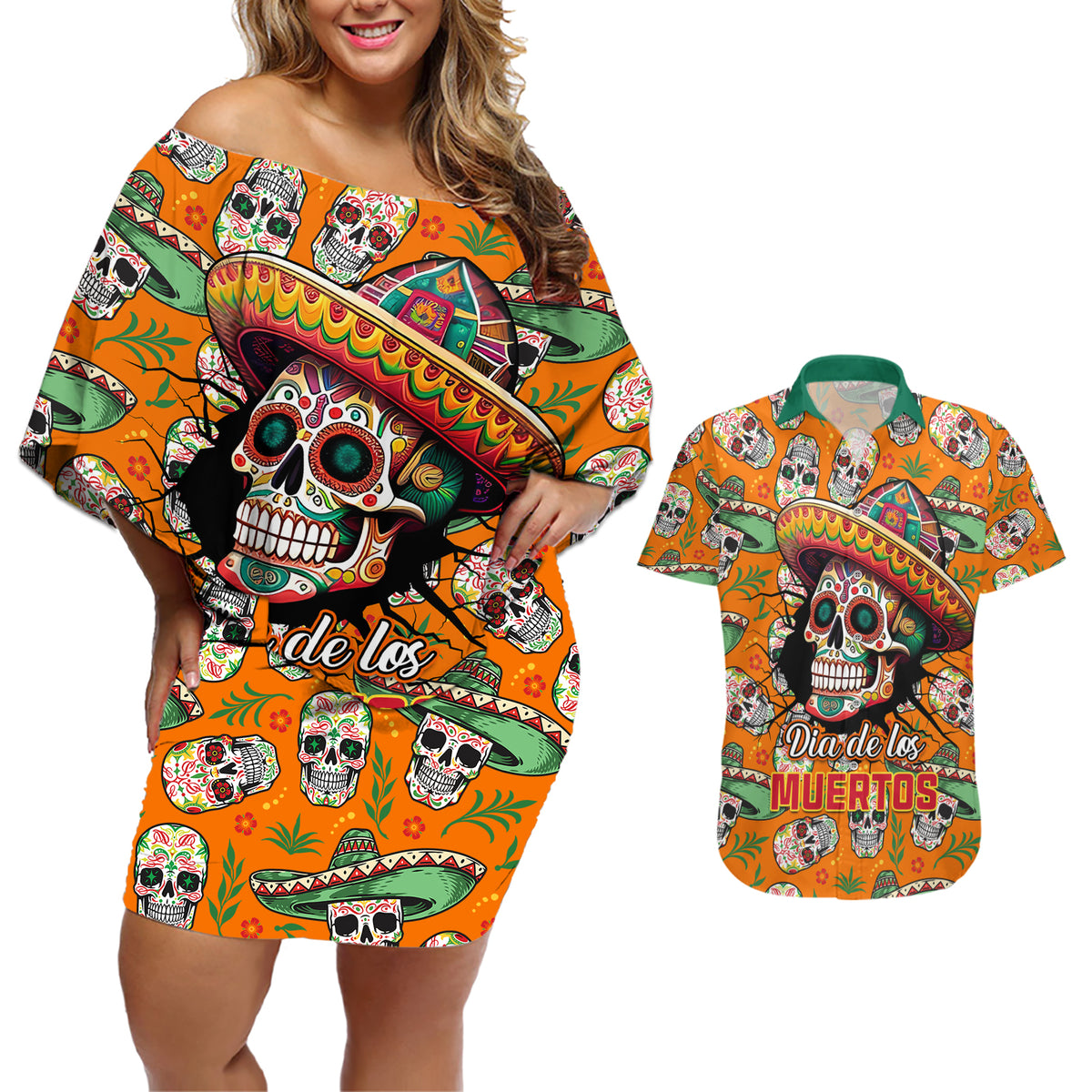 Personalised Day Of The Dead Couples Matching Off Shoulder Short Dress and Hawaiian Shirt Sugar Skull Dia de los Muertos - Wonder Print Shop
