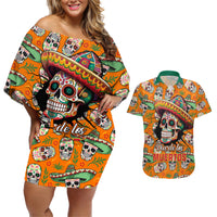 Personalised Day Of The Dead Couples Matching Off Shoulder Short Dress and Hawaiian Shirt Sugar Skull Dia de los Muertos - Wonder Print Shop