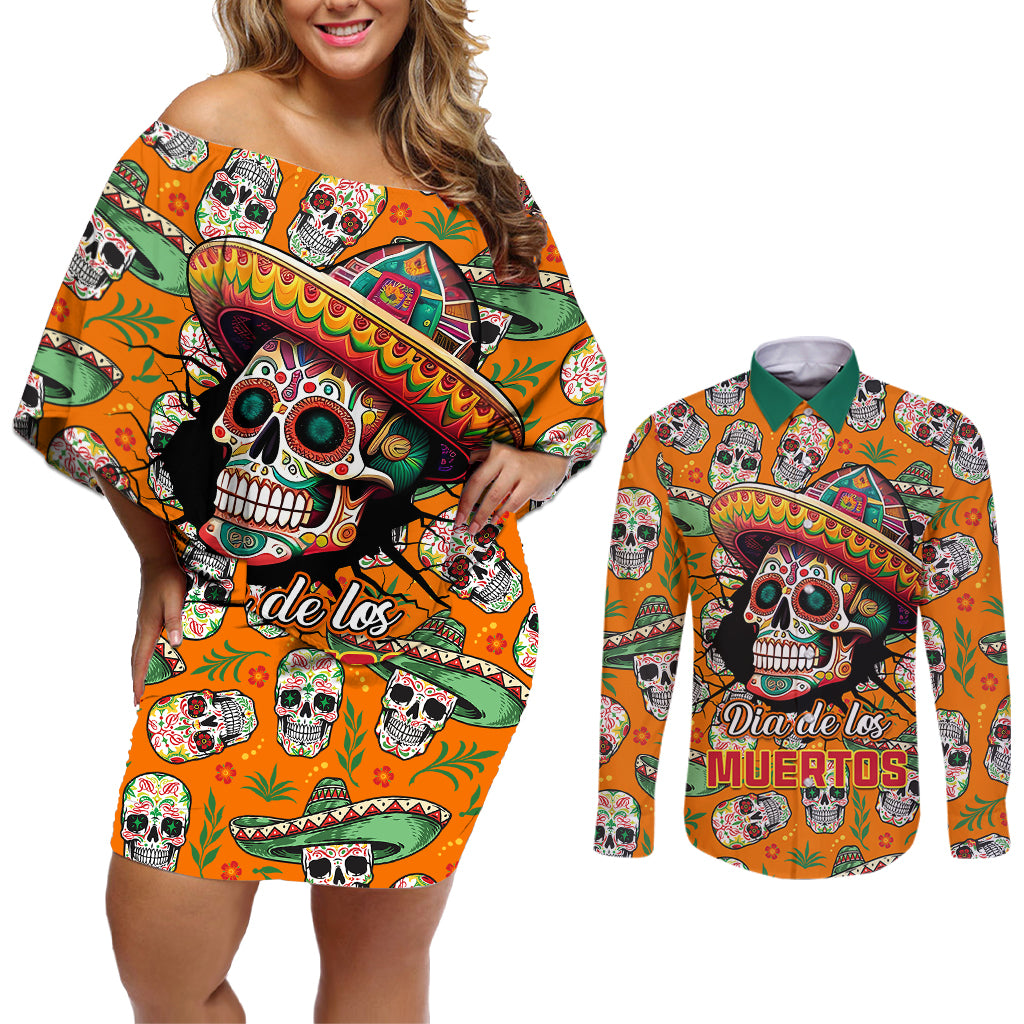 Personalised Day Of The Dead Couples Matching Off Shoulder Short Dress and Long Sleeve Button Shirts Sugar Skull Dia de los Muertos - Wonder Print Shop