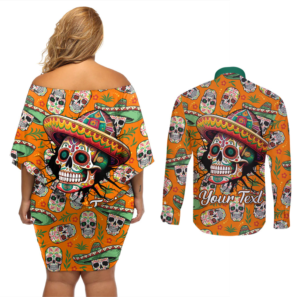 Personalised Day Of The Dead Couples Matching Off Shoulder Short Dress and Long Sleeve Button Shirts Sugar Skull Dia de los Muertos - Wonder Print Shop