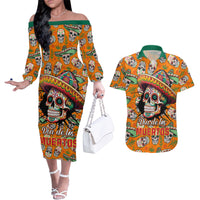 Personalised Day Of The Dead Couples Matching Off The Shoulder Long Sleeve Dress and Hawaiian Shirt Sugar Skull Dia de los Muertos - Wonder Print Shop