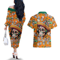 Personalised Day Of The Dead Couples Matching Off The Shoulder Long Sleeve Dress and Hawaiian Shirt Sugar Skull Dia de los Muertos - Wonder Print Shop