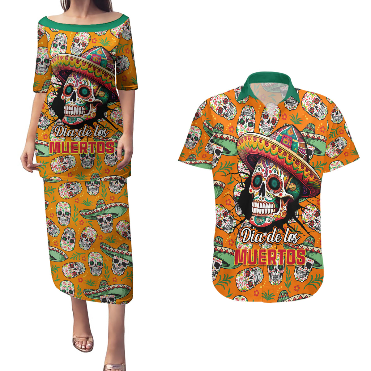 Personalised Day Of The Dead Couples Matching Puletasi Dress and Hawaiian Shirt Sugar Skull Dia de los Muertos - Wonder Print Shop