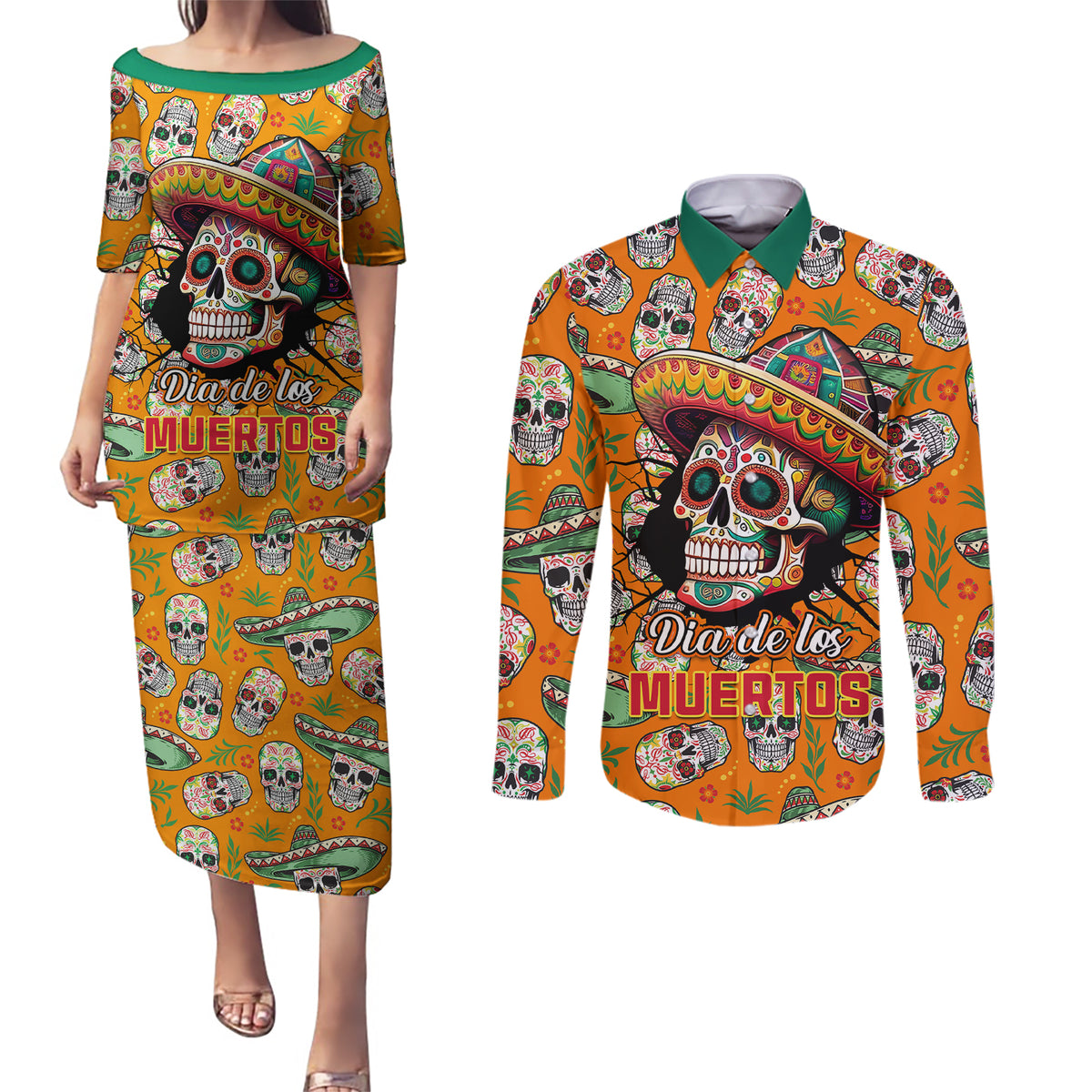 Personalised Day Of The Dead Couples Matching Puletasi Dress and Long Sleeve Button Shirts Sugar Skull Dia de los Muertos - Wonder Print Shop