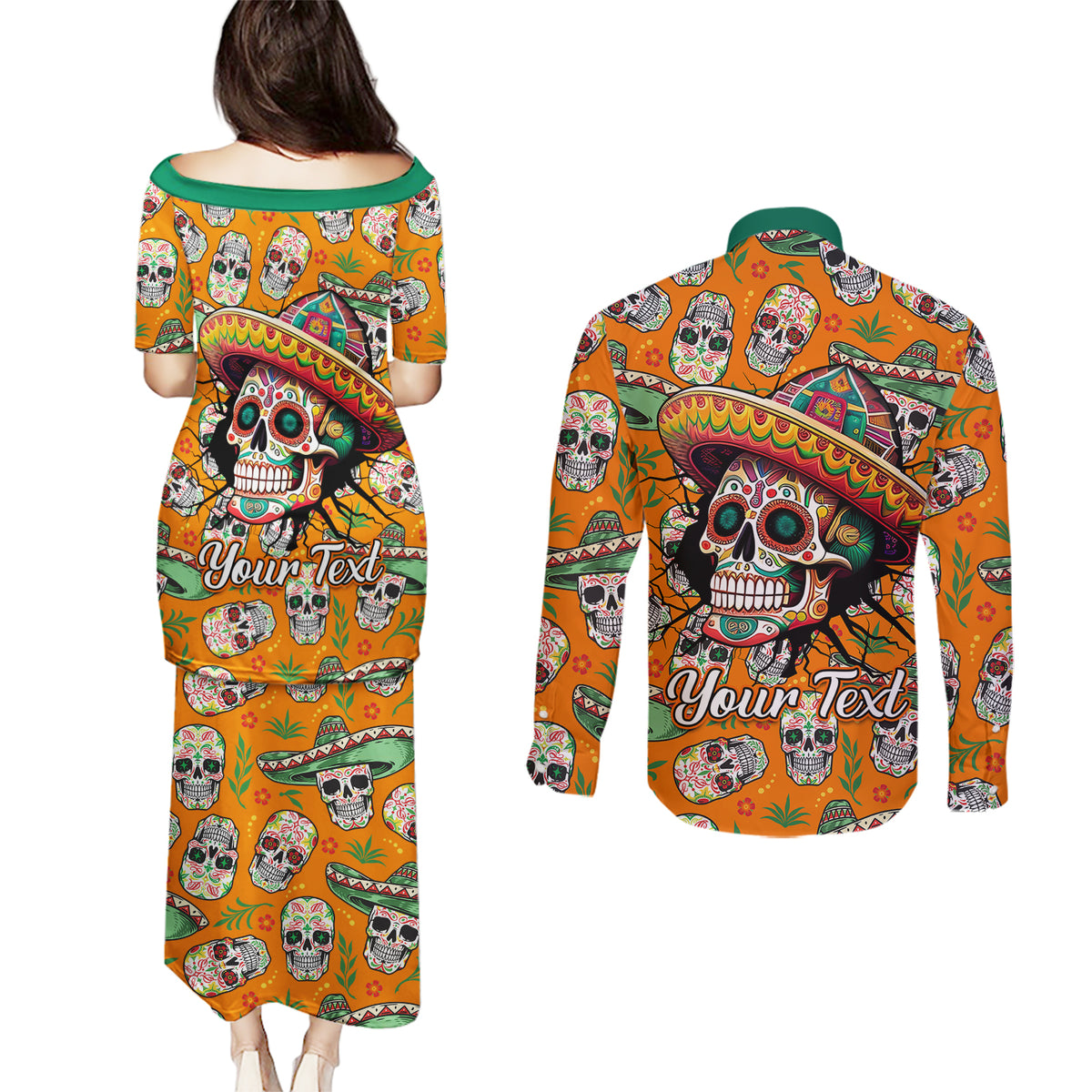 Personalised Day Of The Dead Couples Matching Puletasi Dress and Long Sleeve Button Shirts Sugar Skull Dia de los Muertos - Wonder Print Shop