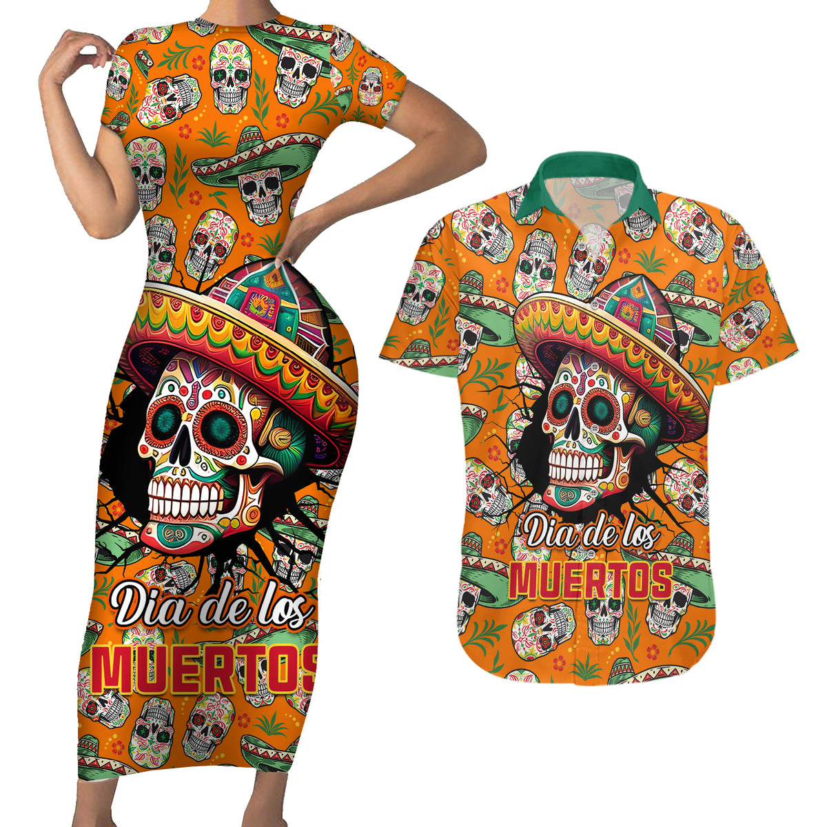 Personalised Day Of The Dead Couples Matching Short Sleeve Bodycon Dress and Hawaiian Shirt Sugar Skull Dia de los Muertos - Wonder Print Shop