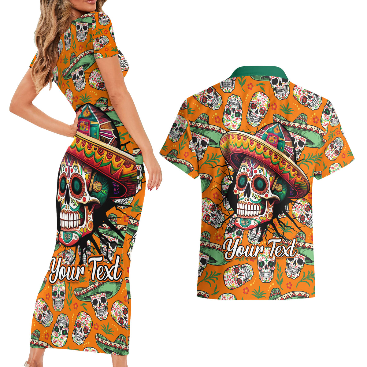Personalised Day Of The Dead Couples Matching Short Sleeve Bodycon Dress and Hawaiian Shirt Sugar Skull Dia de los Muertos - Wonder Print Shop
