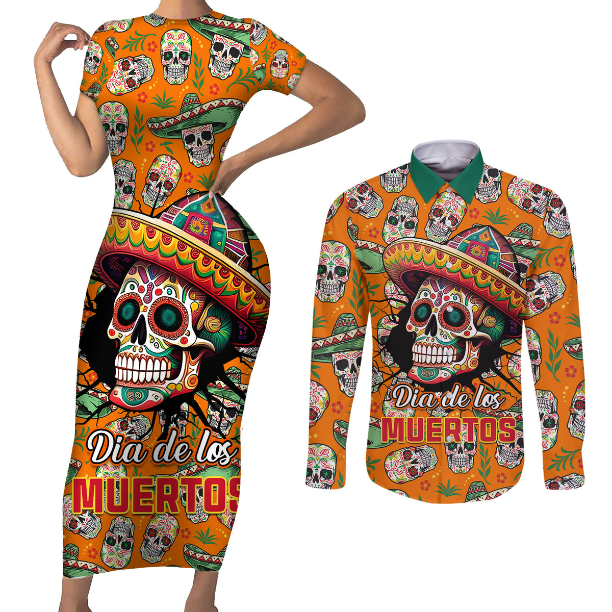 Personalised Day Of The Dead Couples Matching Short Sleeve Bodycon Dress and Long Sleeve Button Shirts Sugar Skull Dia de los Muertos - Wonder Print Shop