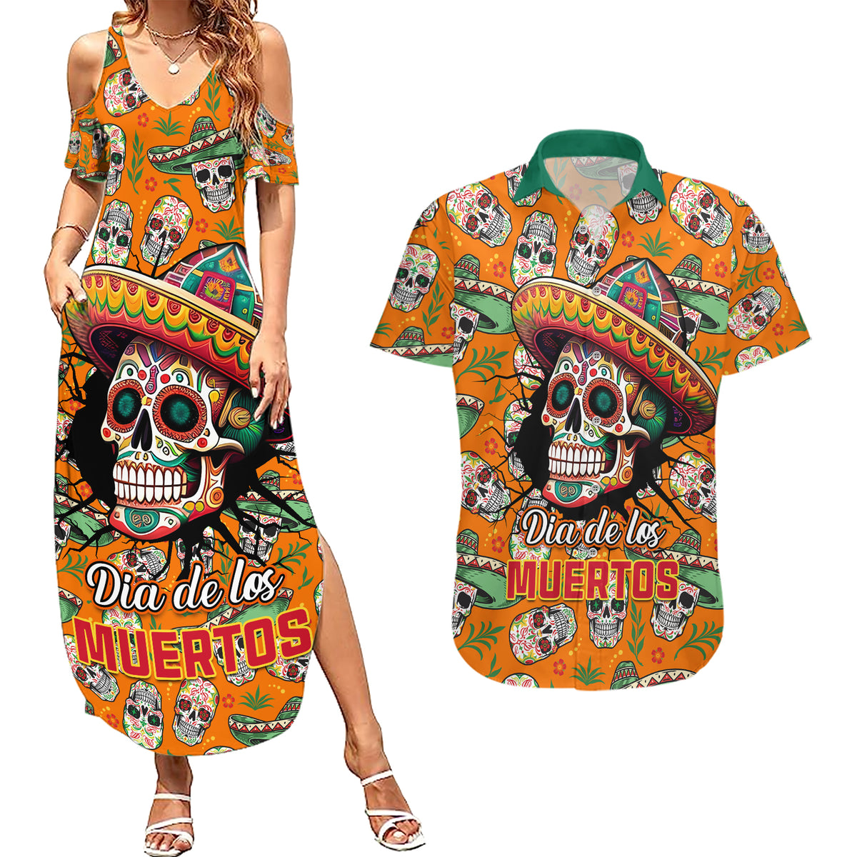 Personalised Day Of The Dead Couples Matching Summer Maxi Dress and Hawaiian Shirt Sugar Skull Dia de los Muertos - Wonder Print Shop