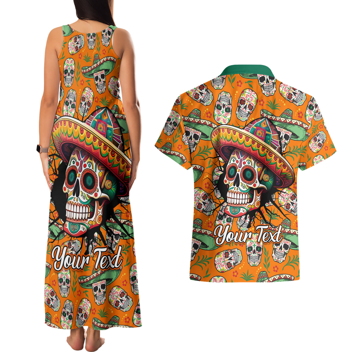 Personalised Day Of The Dead Couples Matching Tank Maxi Dress and Hawaiian Shirt Sugar Skull Dia de los Muertos - Wonder Print Shop