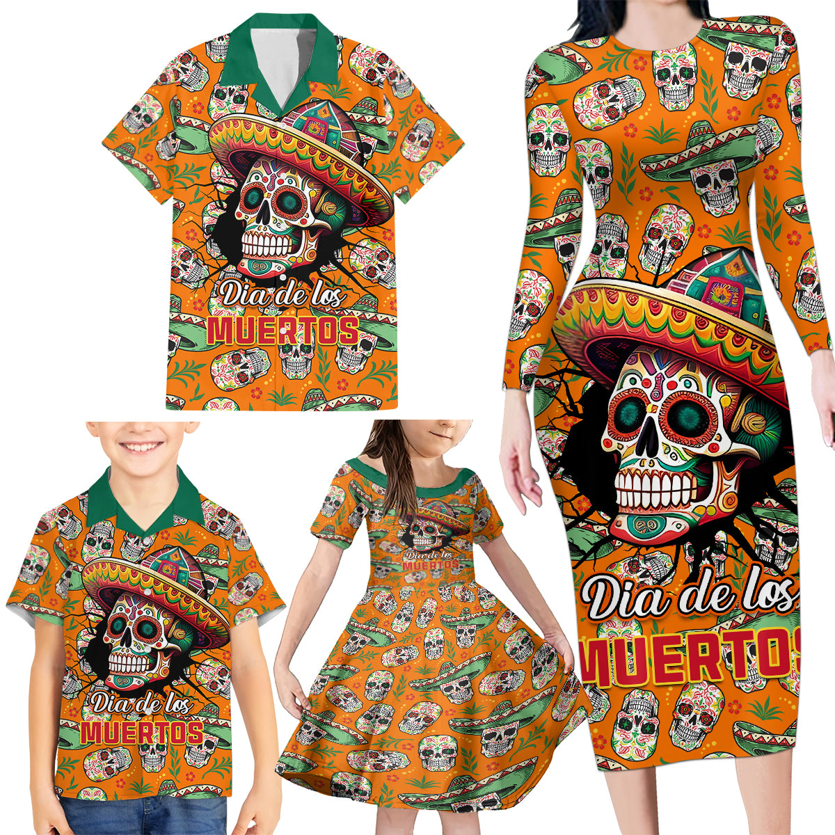 Personalised Day Of The Dead Family Matching Long Sleeve Bodycon Dress and Hawaiian Shirt Sugar Skull Dia de los Muertos - Wonder Print Shop