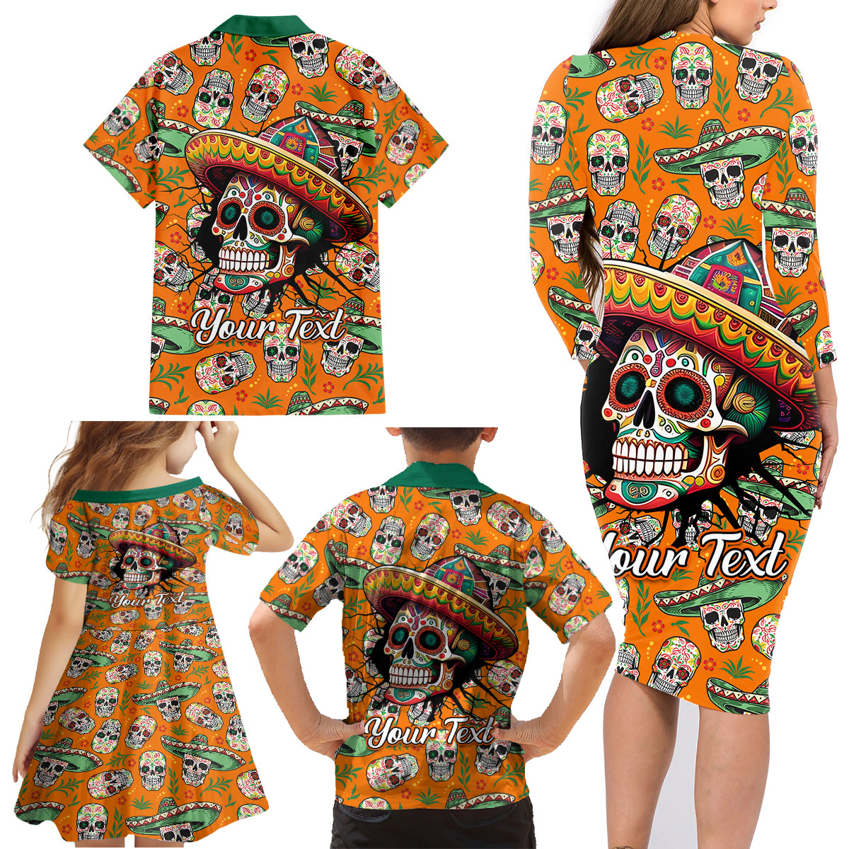 Personalised Day Of The Dead Family Matching Long Sleeve Bodycon Dress and Hawaiian Shirt Sugar Skull Dia de los Muertos - Wonder Print Shop