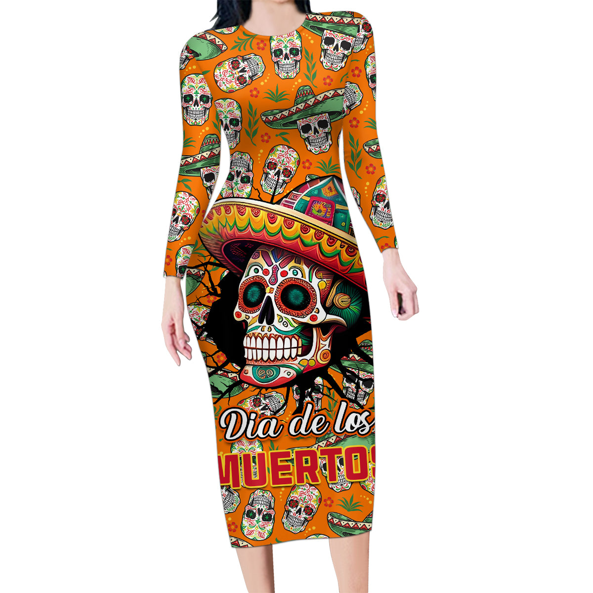 Personalised Day Of The Dead Family Matching Long Sleeve Bodycon Dress and Hawaiian Shirt Sugar Skull Dia de los Muertos - Wonder Print Shop