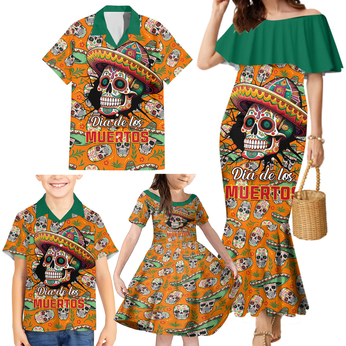 Personalised Day Of The Dead Family Matching Mermaid Dress and Hawaiian Shirt Sugar Skull Dia de los Muertos - Wonder Print Shop