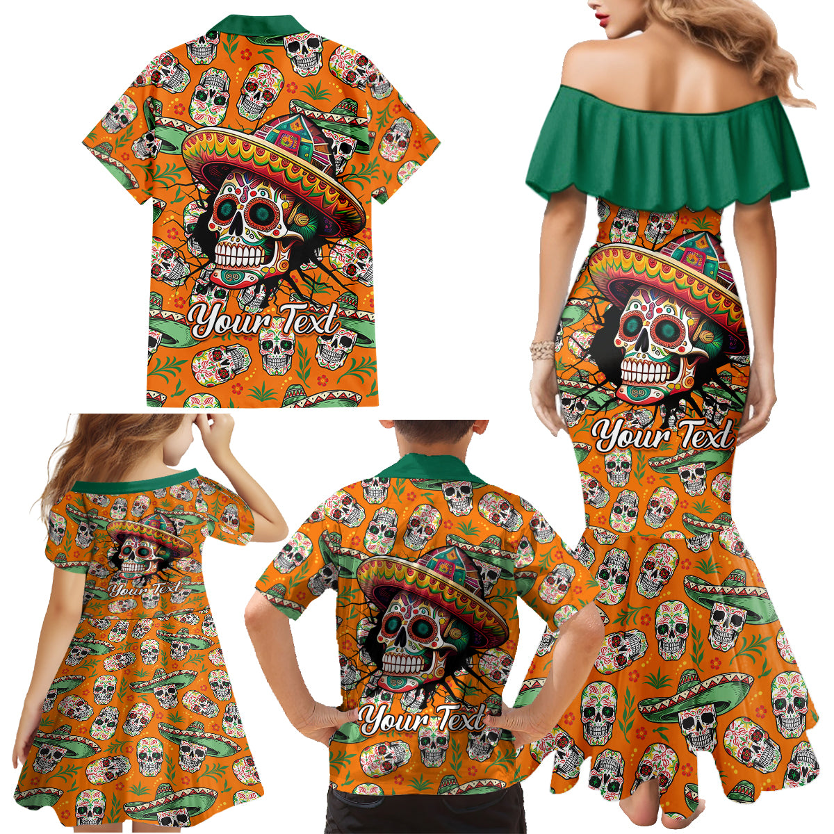 Personalised Day Of The Dead Family Matching Mermaid Dress and Hawaiian Shirt Sugar Skull Dia de los Muertos - Wonder Print Shop