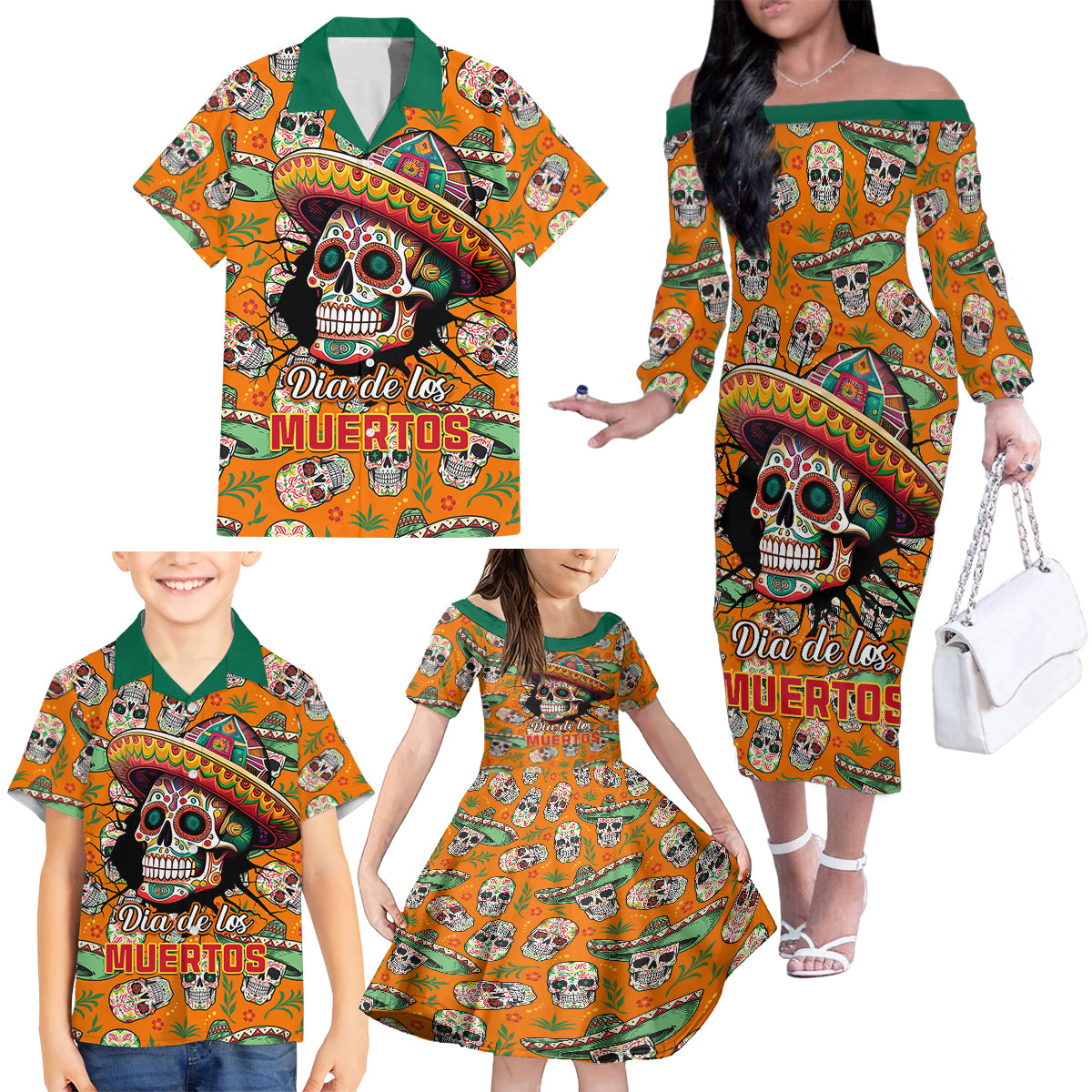 Personalised Day Of The Dead Family Matching Off Shoulder Long Sleeve Dress and Hawaiian Shirt Sugar Skull Dia de los Muertos - Wonder Print Shop