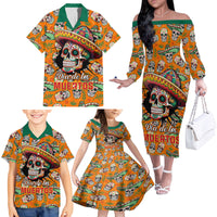 Personalised Day Of The Dead Family Matching Off Shoulder Long Sleeve Dress and Hawaiian Shirt Sugar Skull Dia de los Muertos - Wonder Print Shop