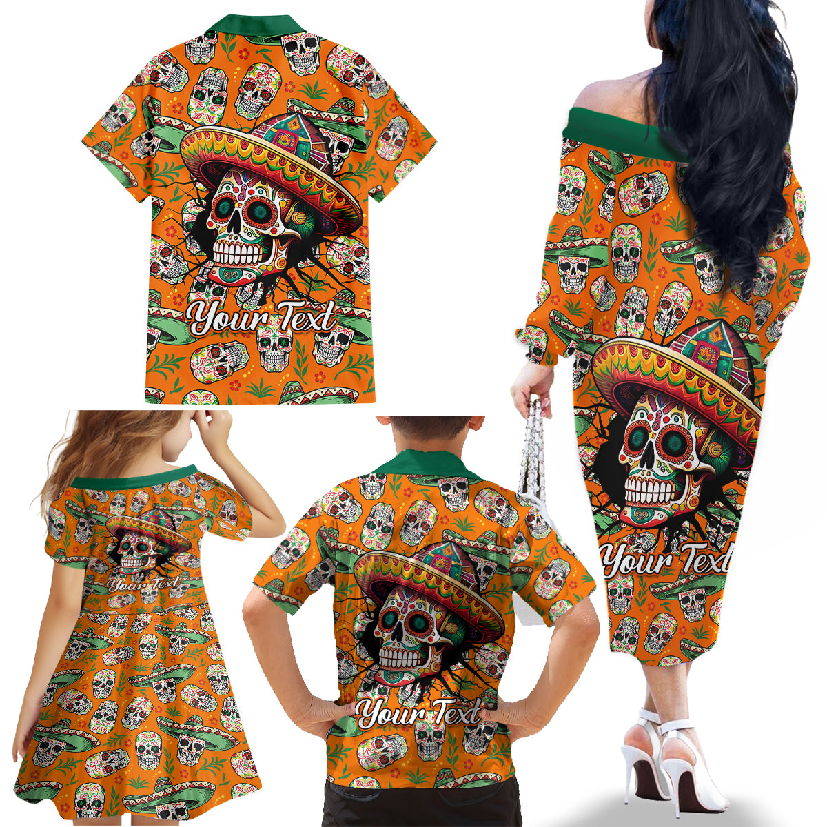 Personalised Day Of The Dead Family Matching Off Shoulder Long Sleeve Dress and Hawaiian Shirt Sugar Skull Dia de los Muertos - Wonder Print Shop