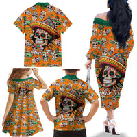 Personalised Day Of The Dead Family Matching Off Shoulder Long Sleeve Dress and Hawaiian Shirt Sugar Skull Dia de los Muertos - Wonder Print Shop